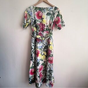 Zara Watercolor Floral Belted Midi Dress - Size M - Romantic Garden Party